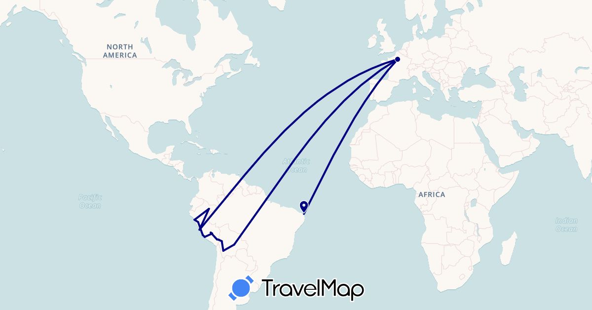 TravelMap itinerary: driving in Bolivia, Brazil, France, Peru (Europe, South America)